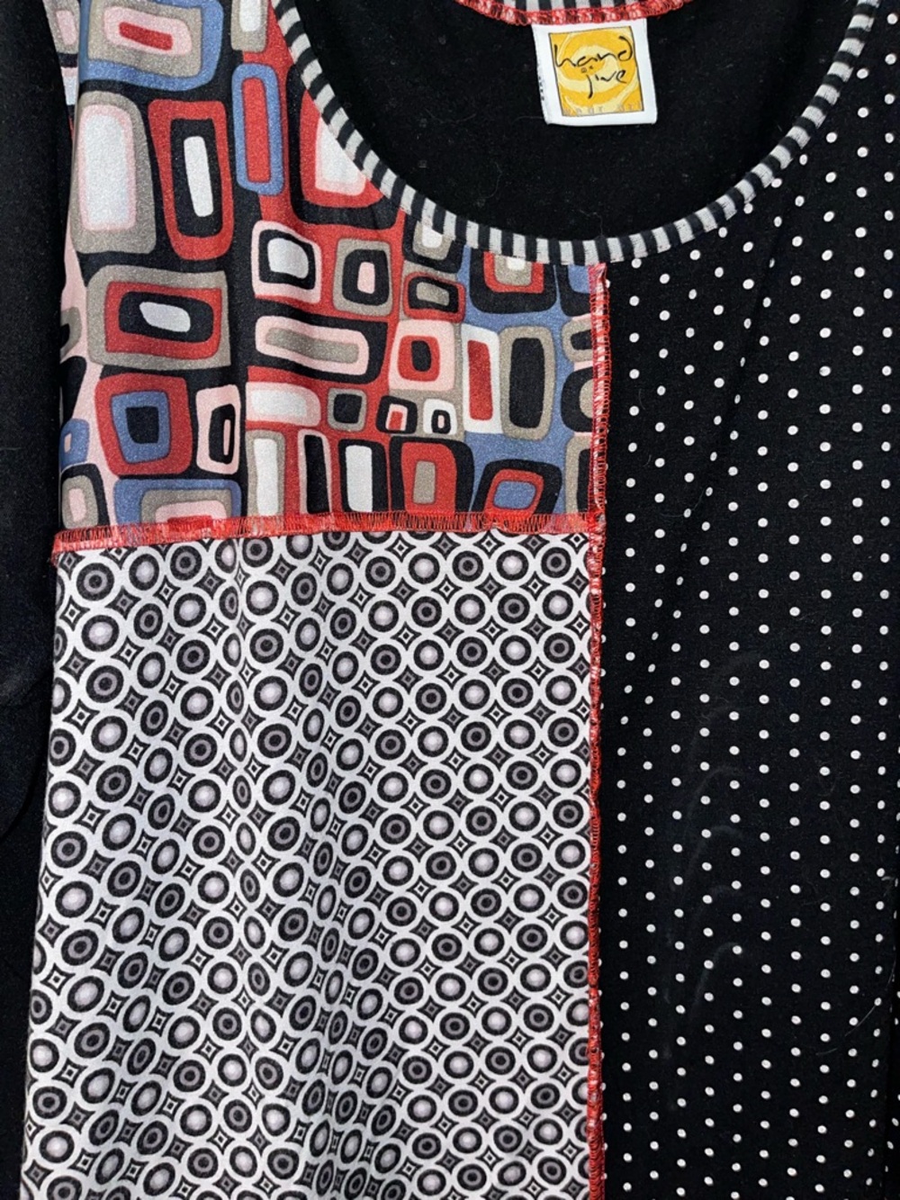 Mixed-Print Scoop Neck Long Sleeve Top - Black/White with Red Accents - Picture 2 of 7